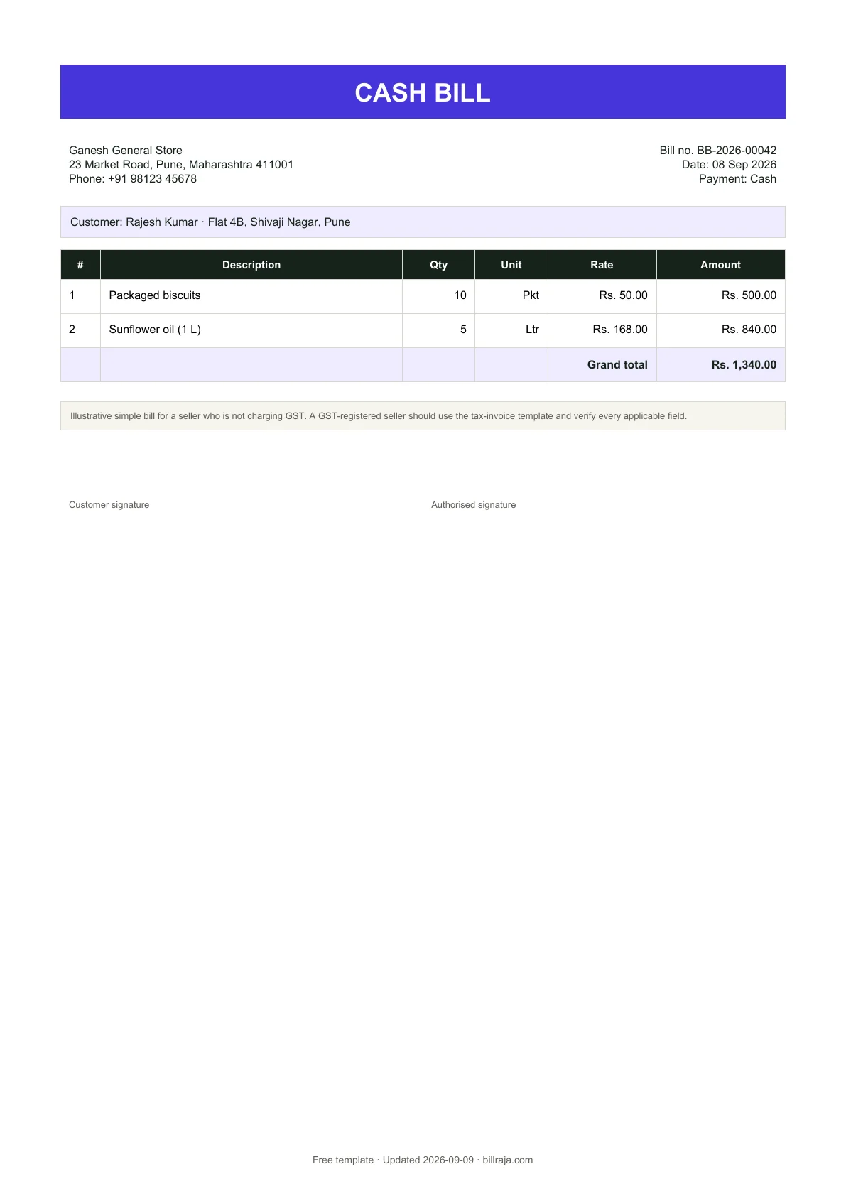 Full A4 cash bill template showing seller and customer details, two item rows and a grand total of 1,340 rupees