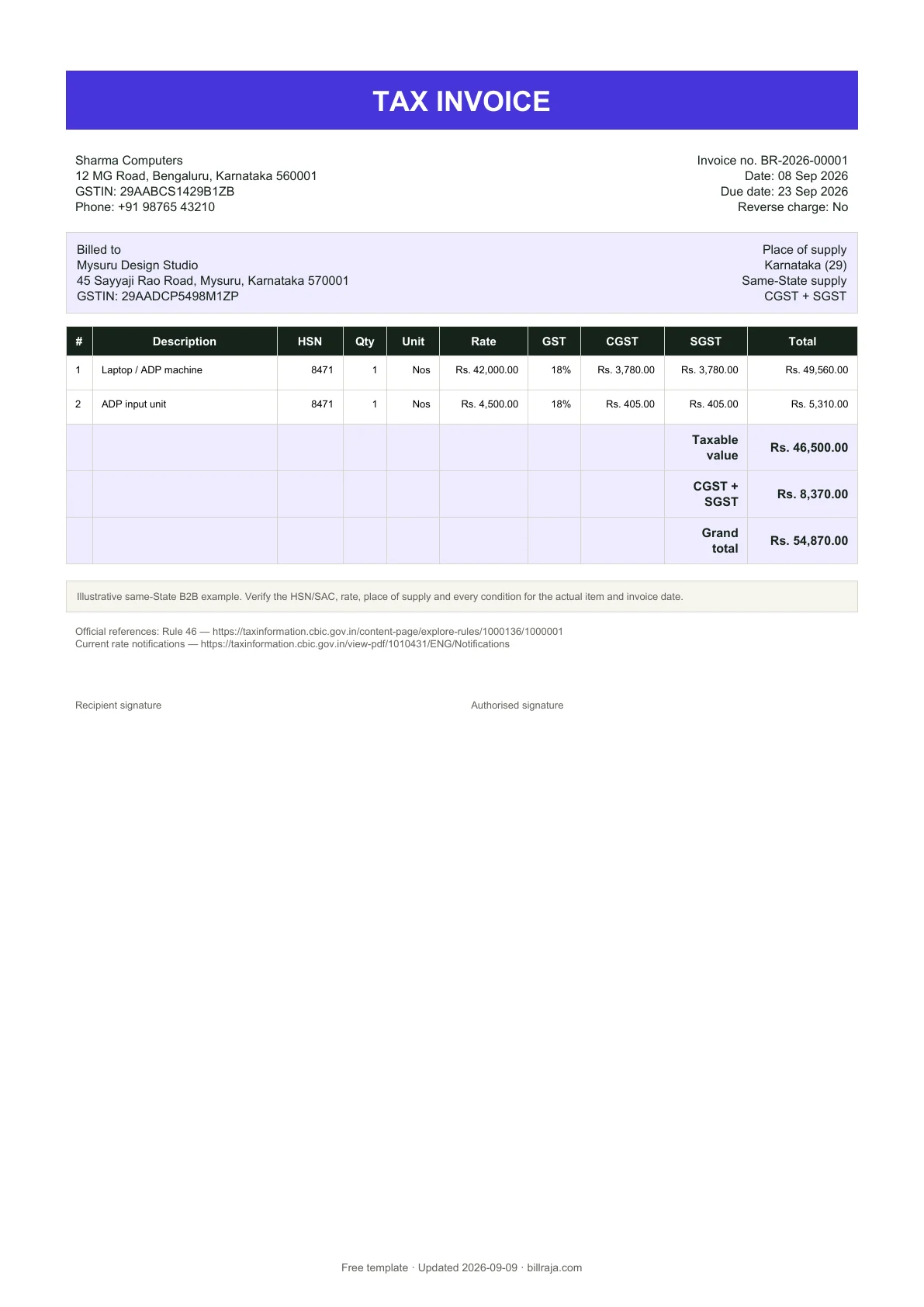 Full A4 same-State GST tax invoice template with two computer items, 4,185 rupees CGST, 4,185 rupees SGST and 54,870 rupees grand total