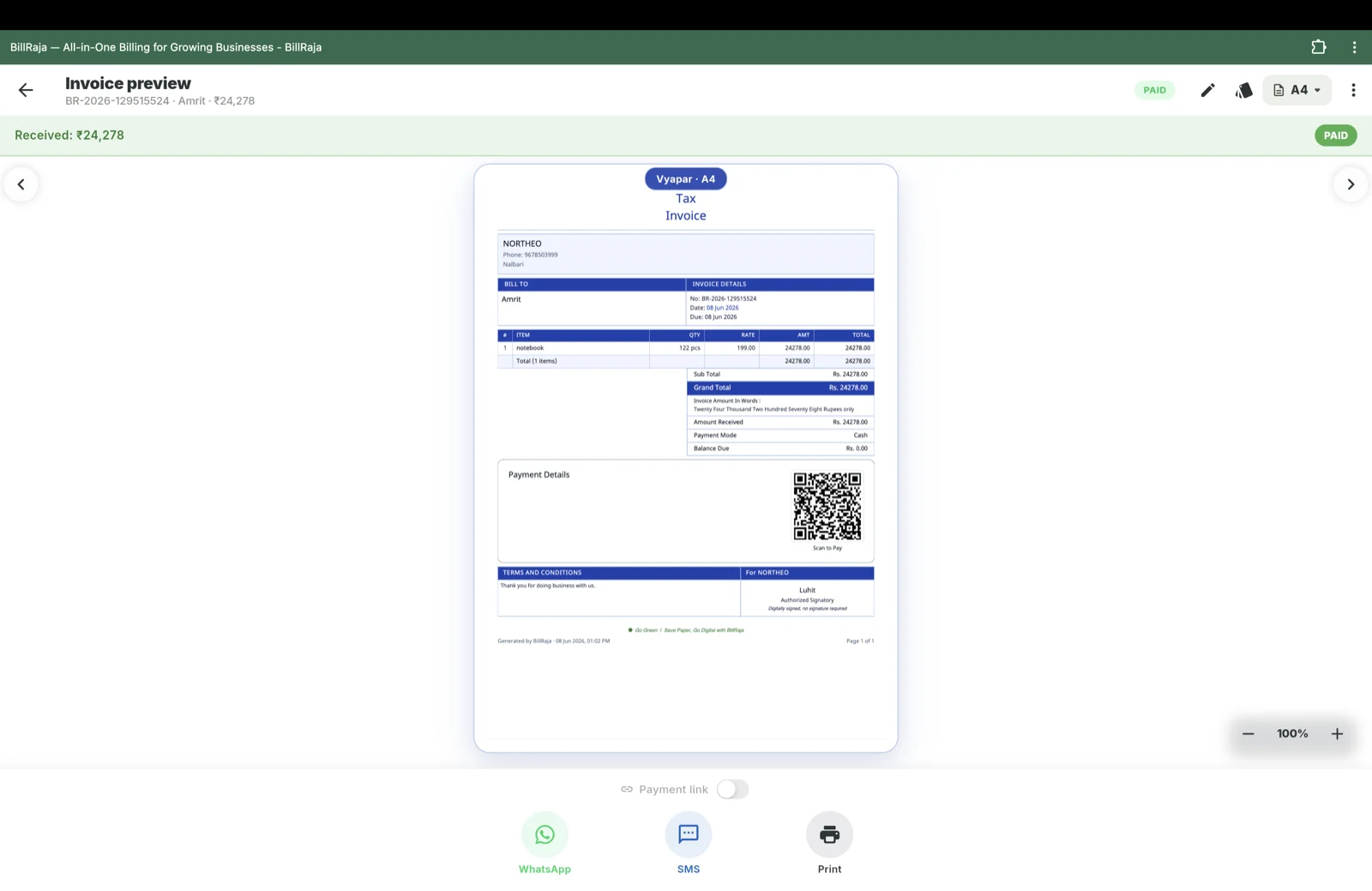 BillRaja invoice preview on the web with a GST tax invoice, totals, UPI QR and share options.